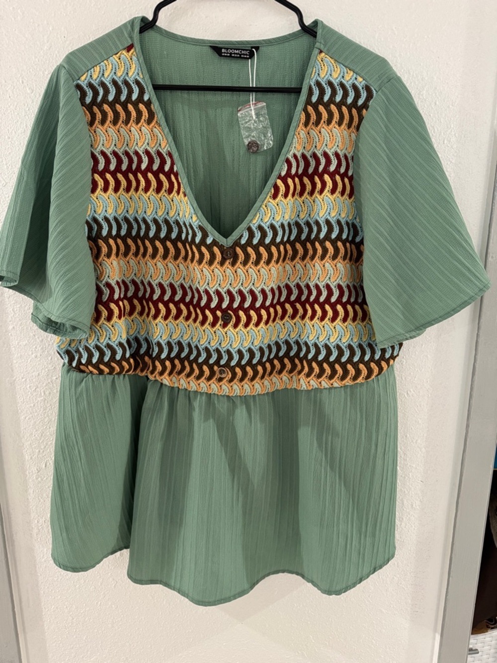 BloomChic Sage Green V-Neck Peplum Top with Multicolor Crochet Panel